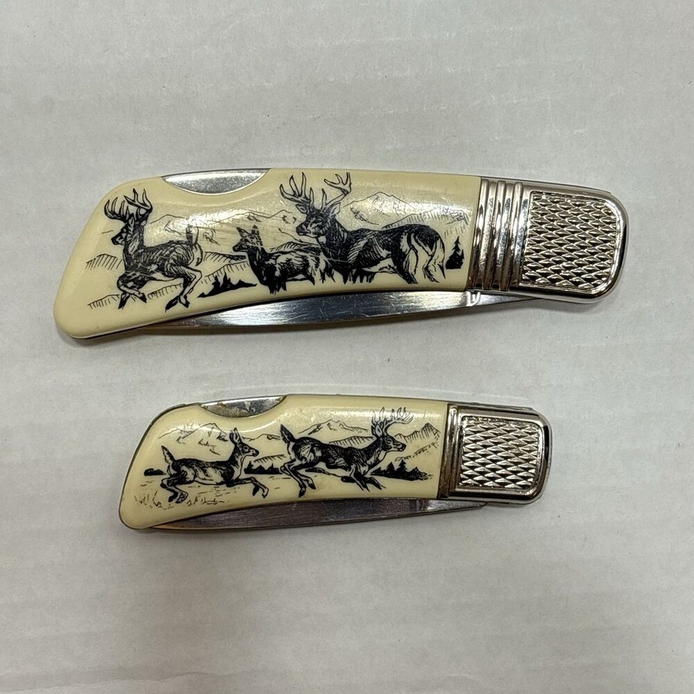Vintage Sabre Faux Scrimshaw Lockback Folding Pocket Knife 2 Pc Set Deer Buck